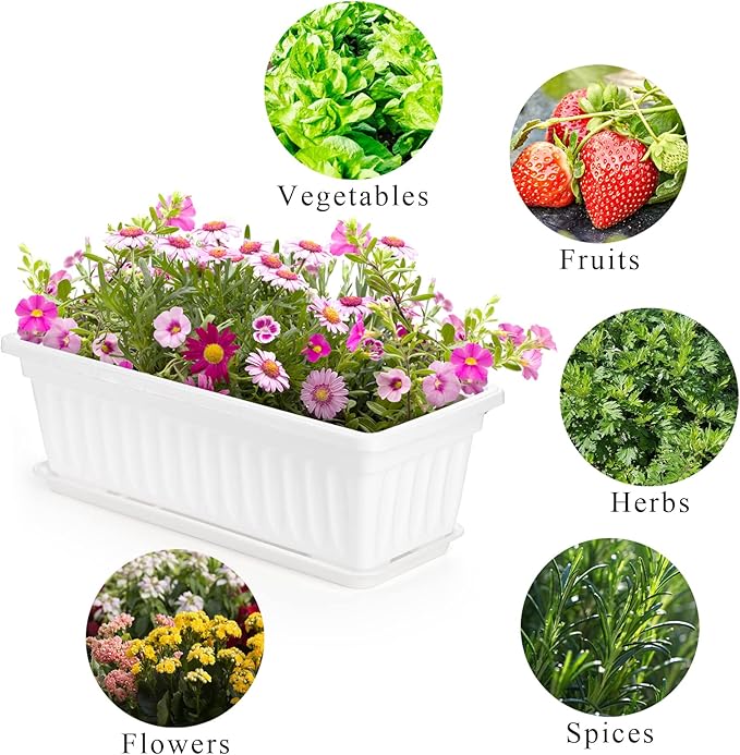 Fasmov 7 Pack 17 Inches White Flower Window Box Plastic Vegetable Planters with Trays Vegetables Growing Container Garden Flower Plant Pot for Balcony, Window Sill, Patio, Garden, White