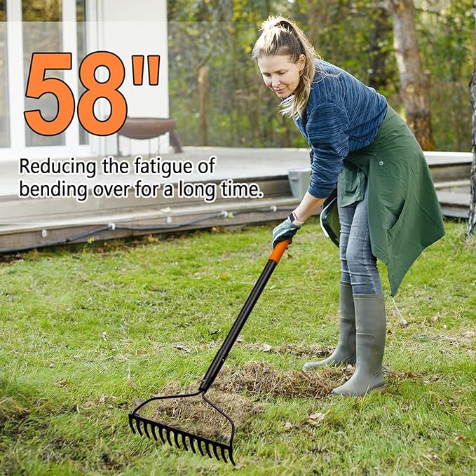 Garden Rake for Lawn Heavy Duty, 14 Tines Metal Rake with Thick Fiberglass Handle, 58 Inches