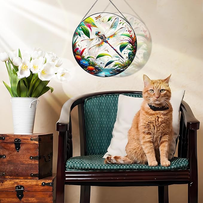 RIVEENY Stained Glass Window Hangings, 8" Stained Glass Decorations, Dragonfly Suncatcher for Indoor Garden Window Home Decor Dragonfly Gifts for Grandma,Mom