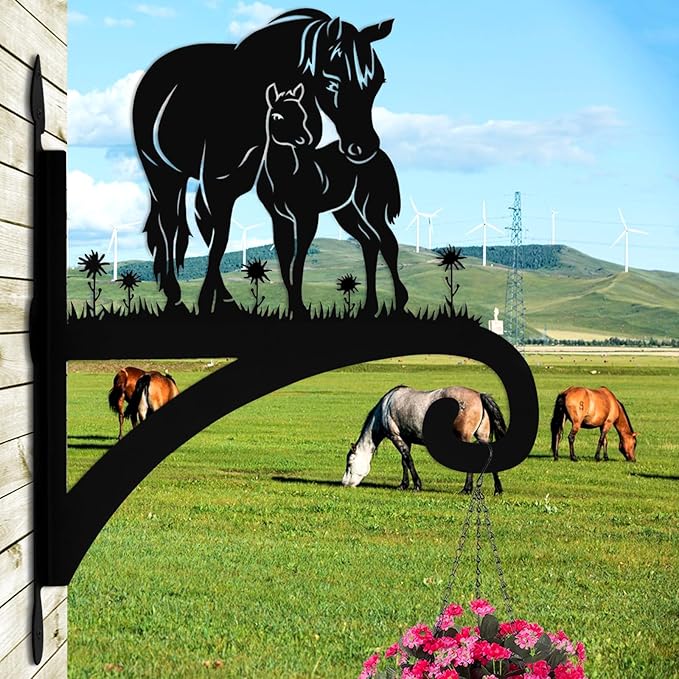 Plant Hangers Outdoor Heavy Duty Iron Decorative Mare & Foal Silhouette Plant Hooks for Hanging Baskets 11 inch Hanging Plant Bracket Wall Hooks for Flower Pot Bird Feeder Wind Chimes