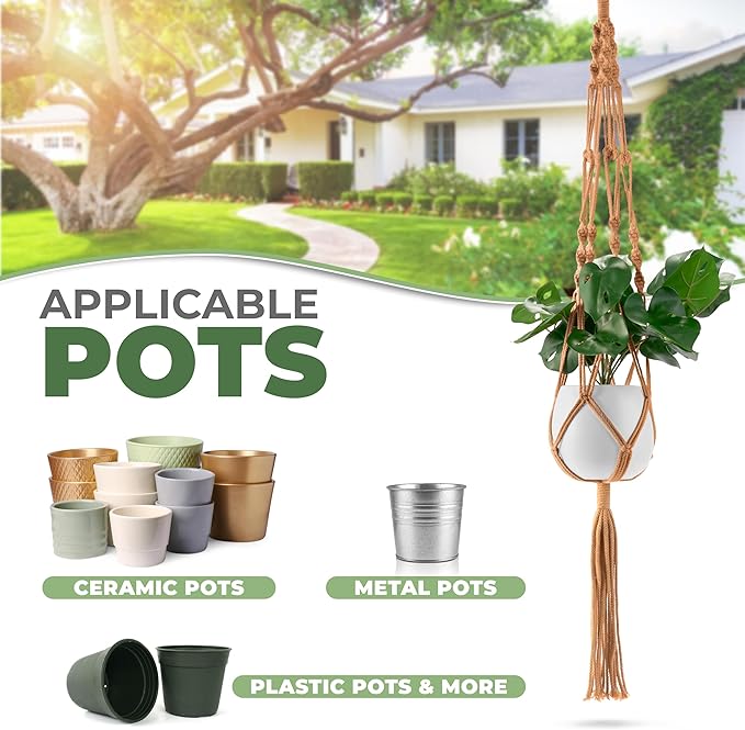 Sorbus Macrame Plant Hanger (4 Pack) Indoor Outdoor Hanging Plant Pots Cotton Rope, Elegant for Home, Patio, Garden (Brown)