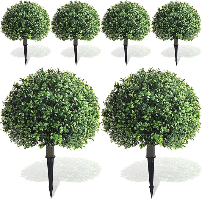 Yunlly 6 Pack 18" Artificial Boxwood Ball Bush Topiary Trees Fake Outdoor Plants, Realistic UV Resistance Faux Shrubs with Spike Greenery Topiary for Front Porch Garden Yard Patio Indoor (Green)