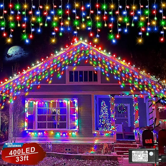 Icicle Lights for Outside, 33FT 400 LED Christmas Lights Outdoor Indoor with 8 Modes 75 Drops, Waterproof Connectable Twinkle String Light for Patio Yard Garden Wedding Party Decor, Multicolor
