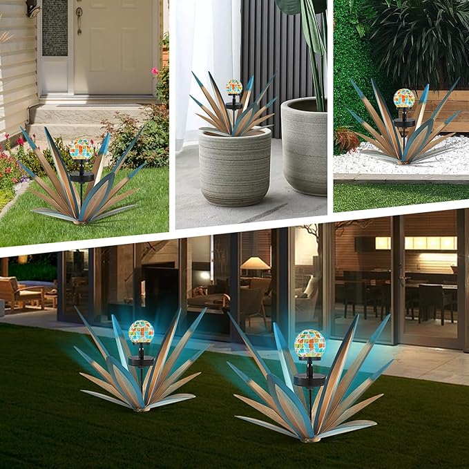 Enlarge Metal Plants Tequila Rustic Sculpture, Outdoor Patio Yard, Home Decor Hand Painted Agave Garden Statue, Outdoor Lawn Ornaments Yard Stakes for Mom Gift (2 Solar Blue)