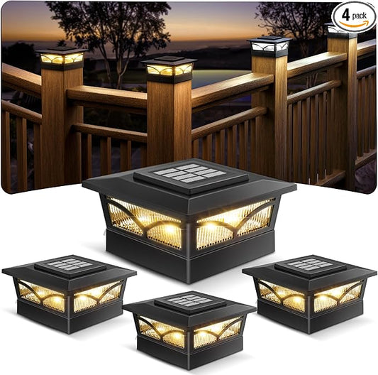 NIORSUN Solar Post Cap Lights Outdoor, 2 Modes LED, Deck Fence Post Solar Lights for 3.5x3.5 4x4 Caps Patio Garden Decoration, Warm White/Cool White Lighting Black 4 Pack
