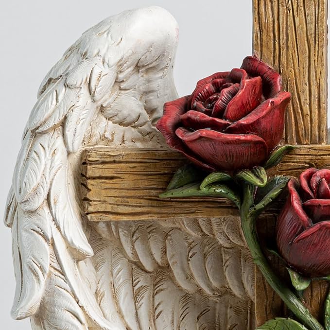12" Angel Wings Embracing Cross and Rose Garden Statue Memorial Statue for Beloved one