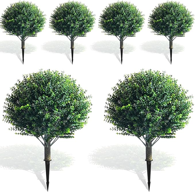 Yunlly 6 Pcs 18 Inch Artificial Boxwood Ball Topiary Tree Fake Outdoor Plants Bush, UV Resistance Faux Shrubs with Spike Realistic Greenery Potted for Indoor Garden Yard Porch Patio Decor (Dark Green)