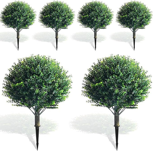 Yunlly 6 Pcs 18 Inch Artificial Boxwood Ball Topiary Tree Fake Outdoor Plants Bush, UV Resistance Faux Shrubs with Spike Realistic Greenery Potted for Indoor Garden Yard Porch Patio Decor (Dark Green)