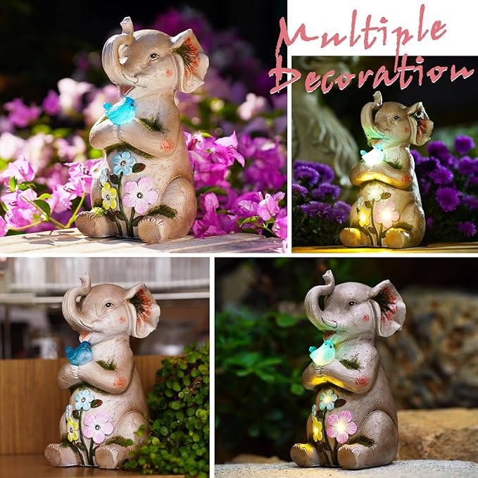 Solar Elephant Holding Solar Butterfly Lights - Resin Garden Outdoor Decorations for Patio,Balcony,Yard,Birthday Garden Gifts for Women Mom
