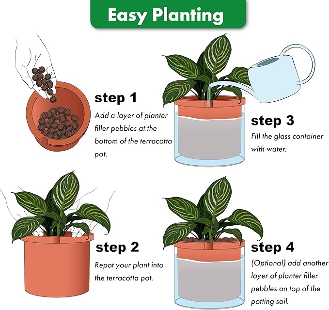 Phoenix Vine 8 Inch Self Watering Planter Pots, Design White Terracotta Pots for Plants, Indoor Cylinder Terra Cotta Pots with Glass Vase, Set of 1, 51-A-H-1