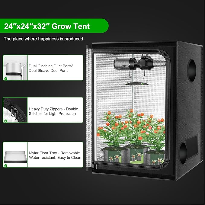 MELONFARM 2x2 Grow Tent, 24"x24"x32" Grow Tent, Double Transparent Viewing Door Indoor Grow Tent, Growing Tent with High Reflective Mylar & Floor Tray, Plant Tent for Indoor Hydroponics Growing