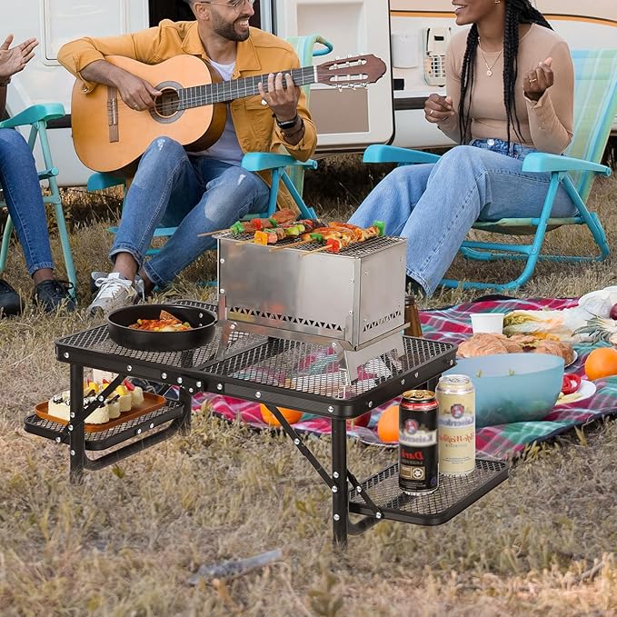 REDCAMP 35x16 Folding Grill Table for Outside with 2 Side Tables, 4 Adjustable Heights Portable Small Stand Table for Outdoor Indoor Camping Picnic BBQ