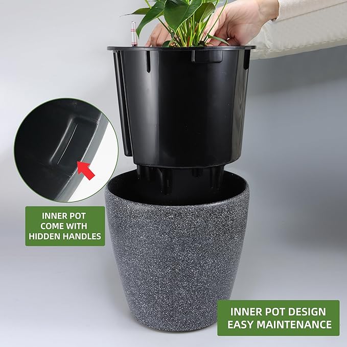 Dexceder 13x12 Self Watering Planter with Wheels Indoor Outdoor, Inner Pot Design, Thickened Large Floor Standing Flower Plant Pot with Water Level Indicator (Stone Matte)