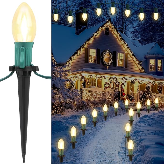 C9 Christmas String Lights for Pathway , 26FT LED 20 Clear Lights with 20 Stakes, Waterproof Shatterproof 2700K Warm White Linkable Walkway Lights for Outdoor Indoor Xmas Driveway Yard Garden Decor