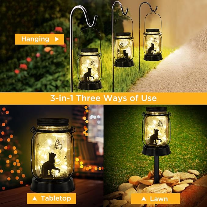 Cat Solar Lanterns Cat Gifts for Women Men Cat Lovers Gifts Hanging Cat Lanterns with Stake for Yard Lawn Garden Decor Black Cat Lantern