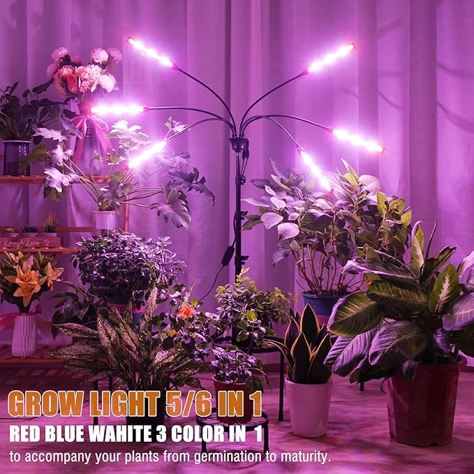 Grow Lights for Indoor Plants Full Spectrum with Stand and Timer, (Red+Blue+White) 5 Heads LED Plant Lights for Indoor Growing, Standing Floor House Plant Lamp for Seed Starting.