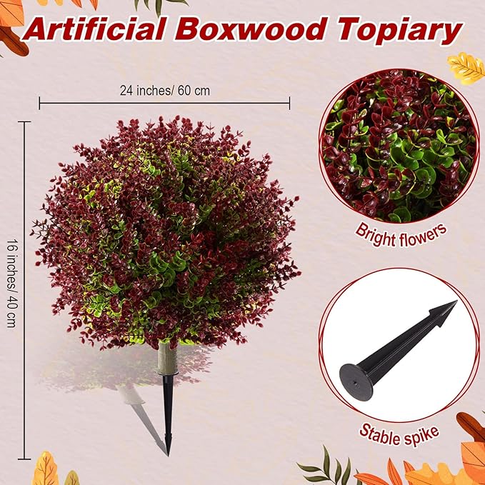Yunlly 2 Pcs 18 Inch Artificial Boxwood Ball Topiary Tree Fake Outdoor Plants Bush, UV Resistance Faux Shrub with Spike Realistic Greenery Potted for Indoor Garden Yard Porch Patio Decor (Purple Red)