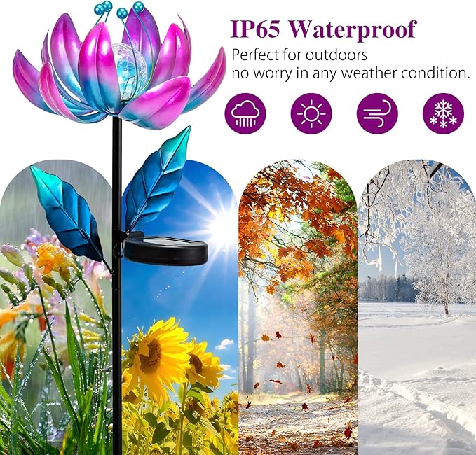 Solar Purple Metal Flower Wind Spinners, Colorful Spinning Windmill Lotus Yard Art Lights Wind Pinwheels with LED Crystal Ball Decorative Stake Lighting Flower Sculpture
