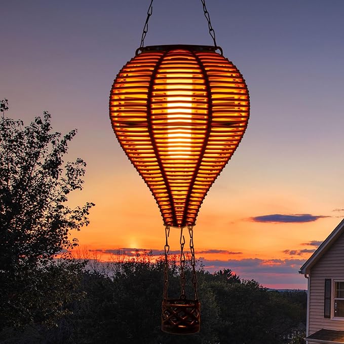 pearlstar Solar Hot Air Balloon Lantern with Flame Light Outdoor Hanging Solar Powered Lights Woven Solar Lantern Waterproof for Patio Yard Farmhouse Garden Wedding Holiday Decoration