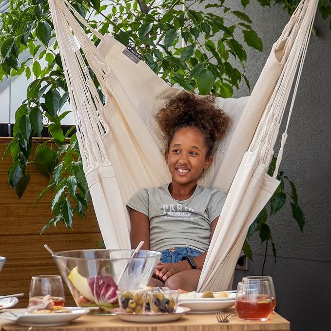 LA SIESTA - Large Comfort Habana Cotton Hammock Chair & Stand - Indoor/Outdoor Hanging Chair Swing for Bedroom, Porch, Balcony - Boho Chair - Latte