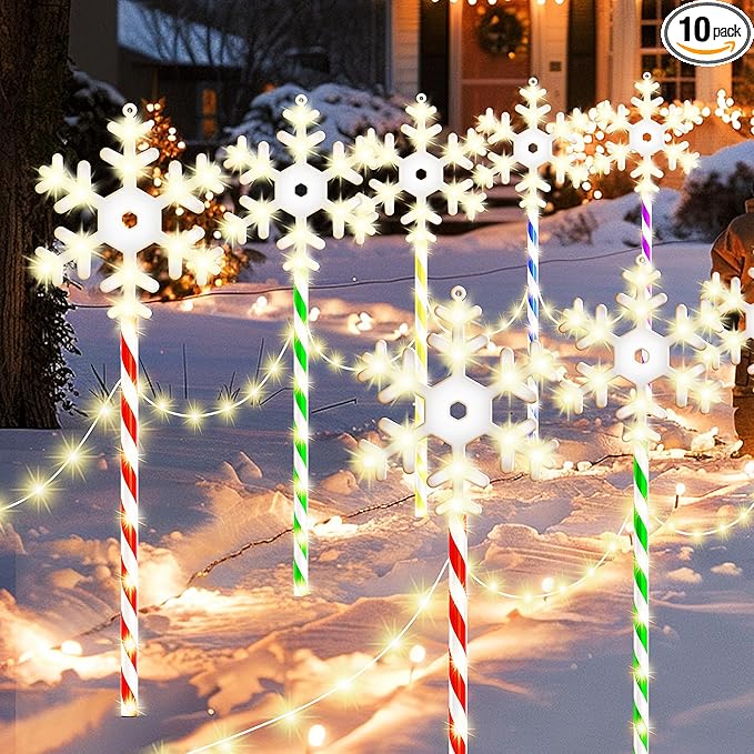 Christmas Pathway Lights Snowflake Outdoor 10PK 28inch 250LED 8 Modes Yard Decoration Flashing Waterproof Outdoor Lighted Up Christmas Light Decor for Garden Yard (Colorful)