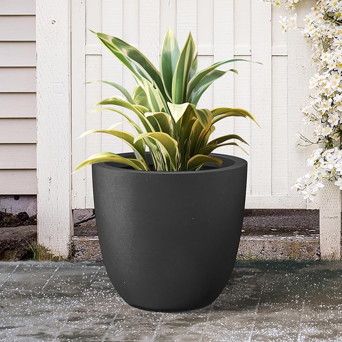 Kante 18 Inch Dia Round Concrete Planter, Indoor Outdoor Large Plant Pot with Drainage Hole and Rubber Plug for Home Patio Garden, Black