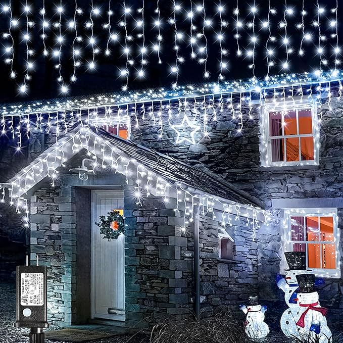 Icicle Christmas Lights, 98FT 1216 LED Icicle Lights for Outside with 228 Drops, 8 Modes Waterproof Twinkle String Lights for House Bedroom Wedding Holiday Decorations, White