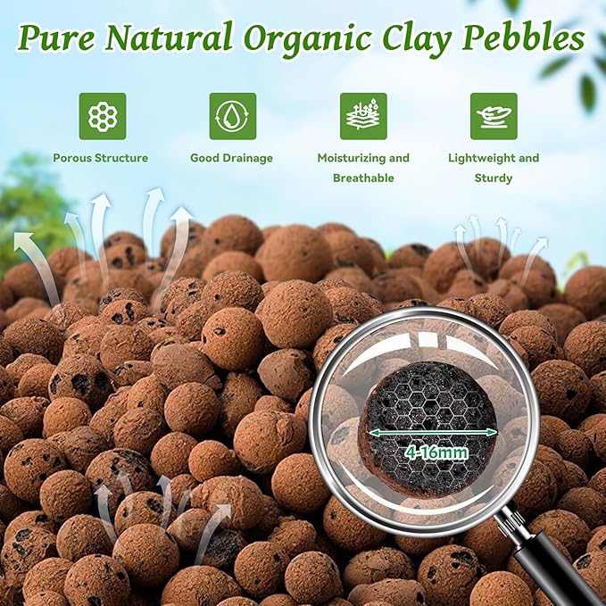 Riare 18 LBS Organic Expanded Clay Pebbles for Plants- 4mm-16mm Natural Leca Balls Lightweight Hydroponic Clay Pebbles Aggregate for Indoor Plants, Hydroponic Growing, Plants Drainage, Aquaponics