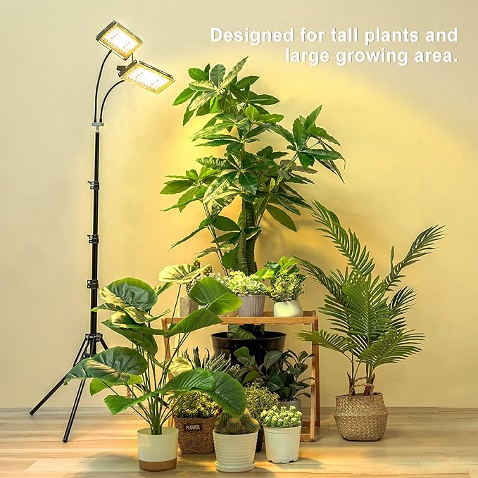 LBW Grow Light for Indoor Plants, Dual Heads Full Spectrum 200W LED, Auto On/Off Timer, 6 Dimmable Levels, 3 Switch Modes, Adjustable Tripod Stand 15-63 inches