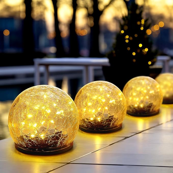 Honoson 3.9 Inch Solar Globe Lights Outdoor Waterproof, Solar Balls for Garden Cracked Glass Ball, Ground Landscape Garden Decor for Patio and Yard Lawn Backyard (4 Pieces)