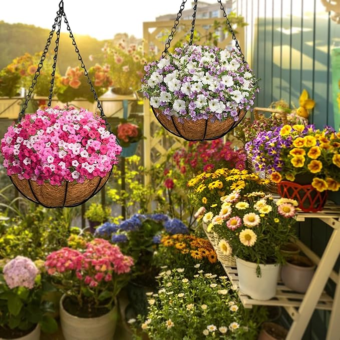 ZeeDix 3 Pack 14 Inch Metal Round Hanging Planter Basket with Coconut Liners Replacement, Hanging planters Baskets with Natural Coco Liner for Outdoor Indoor Planters Flowers Vegetables
