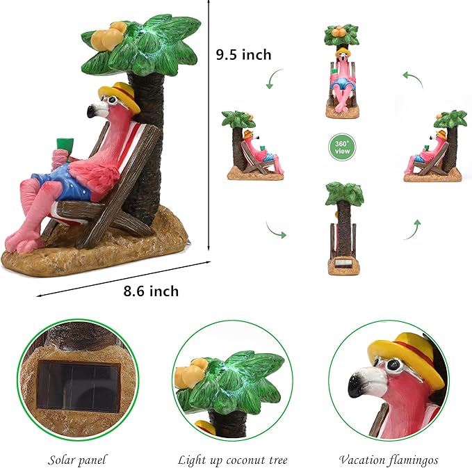 Pink Flamingos for Yard-Solar Statues Outdoor Garden Gifts - Flamingos on Beach Vacation Light up Coconut Tree for Outdoor Lawn Yard Decor