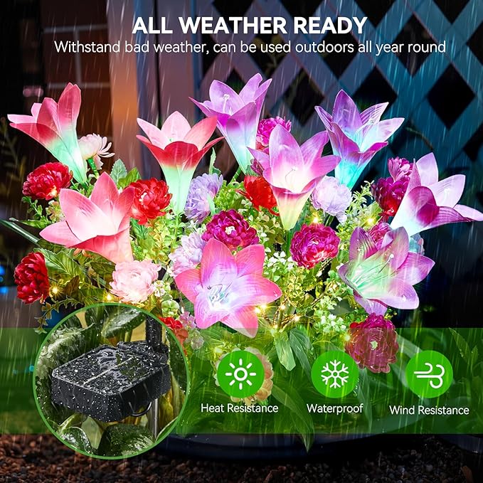 Solar Flowers Lights Outdoor Waterproof, 2 Pack 2 in 1 Solar Lily Flowers Bouquet for Garden Decor, Multi LED Color Changing Garden Lights Outdoor for Pathway Yard Patio Decoration