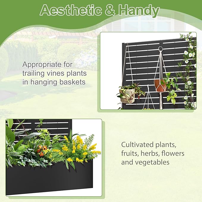 Trellis for Climbing Plants Outdoor，Mental Garden Bed with Drainage Holes Outdoor Privacy Screen Design Tall planters for herb Flower Vegetables 73"x35"x16", Black-Louvered