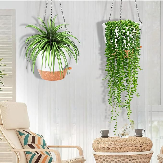 GARDIFE Hanging Planter, 10 inch Hanging planters for Indoor. Outdoor Plants, Self Watering Plant Pot, 2 Pack Large self Watering Hanging Planter, White
