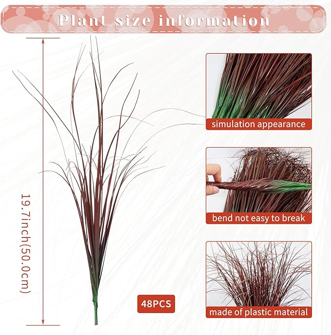 48Pcs Artificial Grass Plants, Faux Shrubs Wheat Grass, Artificial Tall Grasses Fake Plants for Outdoor Decor,Artificial Greenery Stems Weed for Room Indoor Home Decor（Red）