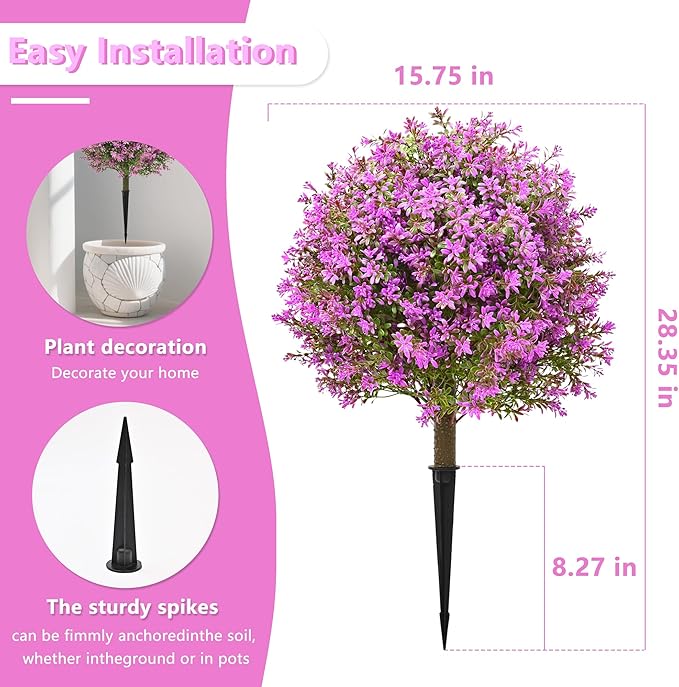 28" Artificial Boxwood Topiary Tree Purple, Set of 2 UV Resistant Fake Evergreen Shrubs Bushes with Ground Spike, Realistic Plants for Outdoor Indoor Front Porch Garden Home Decor