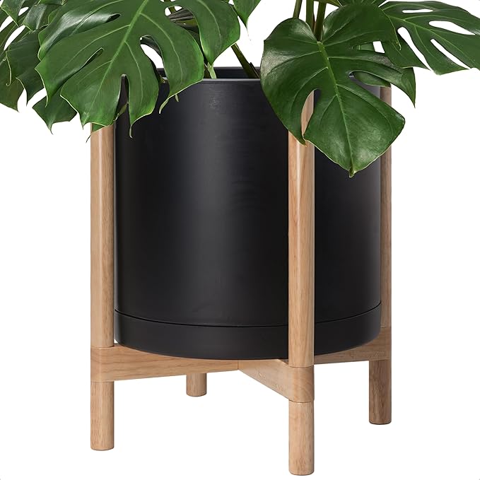 D'vine Dev Planter Pot with Stand - 16 Inch Plastic Cylinder Flower Pot with Wood Planter Holder for Indoor, Matte Black Pot + Natural Stand, 55-C-Y-2
