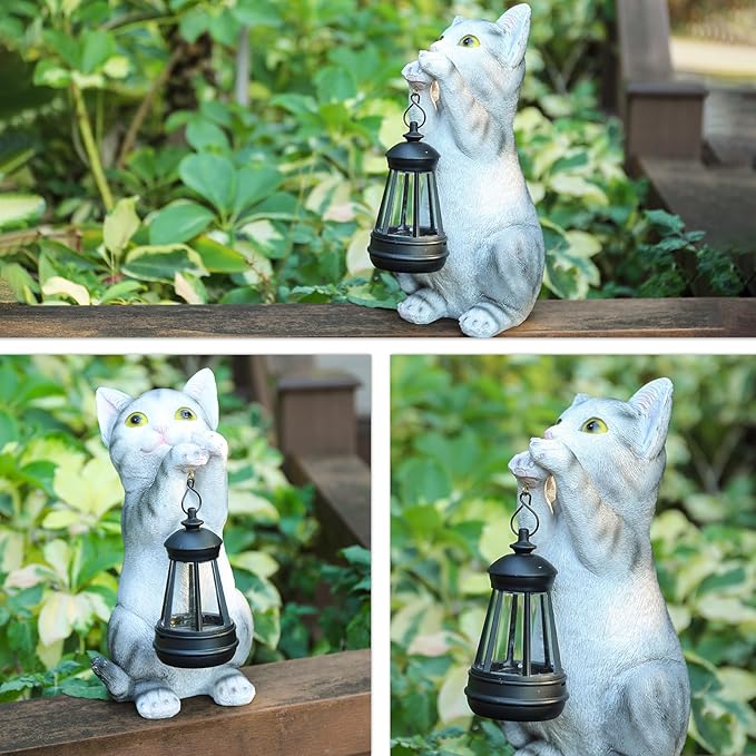Afirst Solar Cat Statue Garden Decor, Outdoor Statue Decor with Solar Lantern Lovely Cat Figurine Patio Lawn Yard Art Ornaments Housewarming Gift