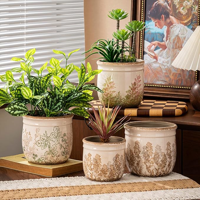 Vintage Pink and Green Ceramic Planter Set of 2, 4.7+5.7 Inch Rustic Flower Pots for Indoor Plants, Decorative Ceramic Plant Pots for Home, Living Room, Garden, Gardening Gift