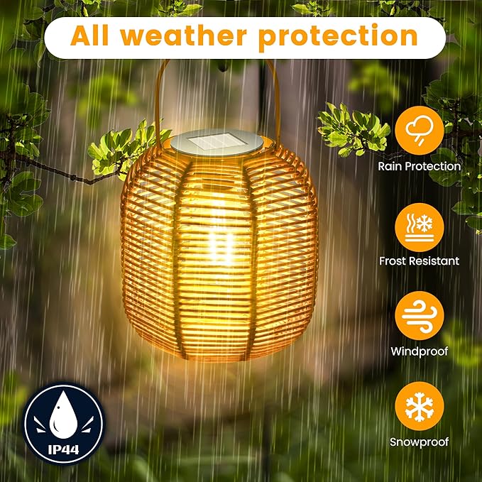 HPC Decor 2 PK Solar Lanterns-Outdoor Solar Lanterns Waterproof, Rattan Solar Lights, Hanging Solar Lanterns Outdoor,Solar Lamp Lights,Decoration Lights for Garden,Patio,Porch,Trees,Pathway,Outside.