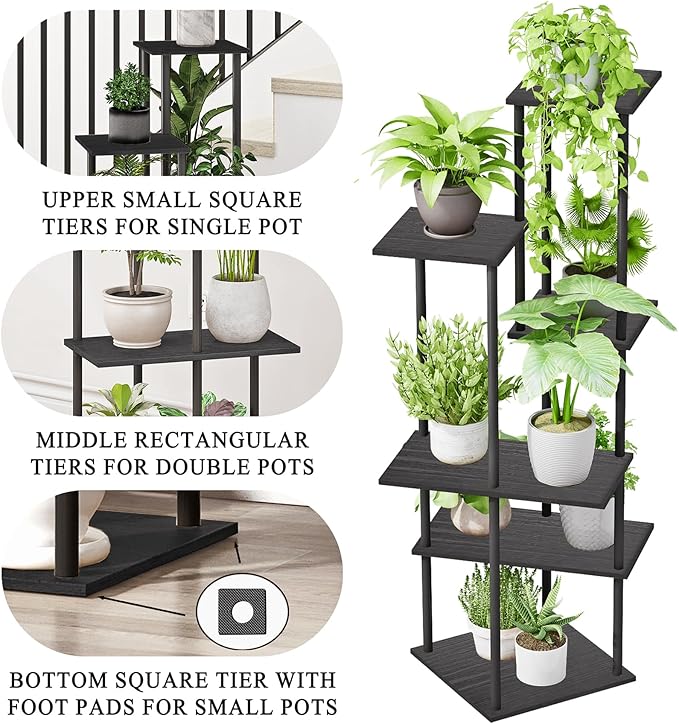 Plant Stand Indoor 6-Tier Metal Wood Plant Shelf for Multiple Flower Pots Corner Tall Flower Holders for Living Room Balcony Bedroom, Black
