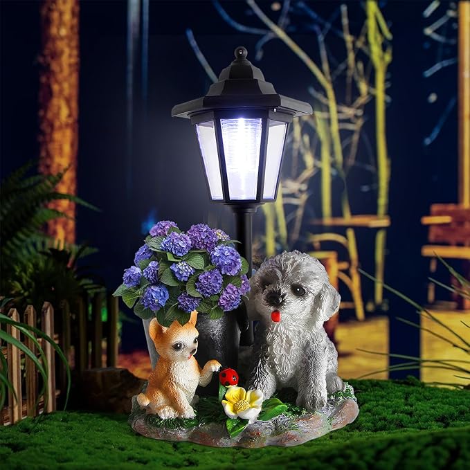 Garden Dog Statue,Resin Teddy & Cat Figurine with Solar LED Light,Flower Pots Planters Pots for Succulent,Outdoor Sculpture for Patio Balcony Yard Lawn Decor,Unique Gift for Dad Mom Grandma