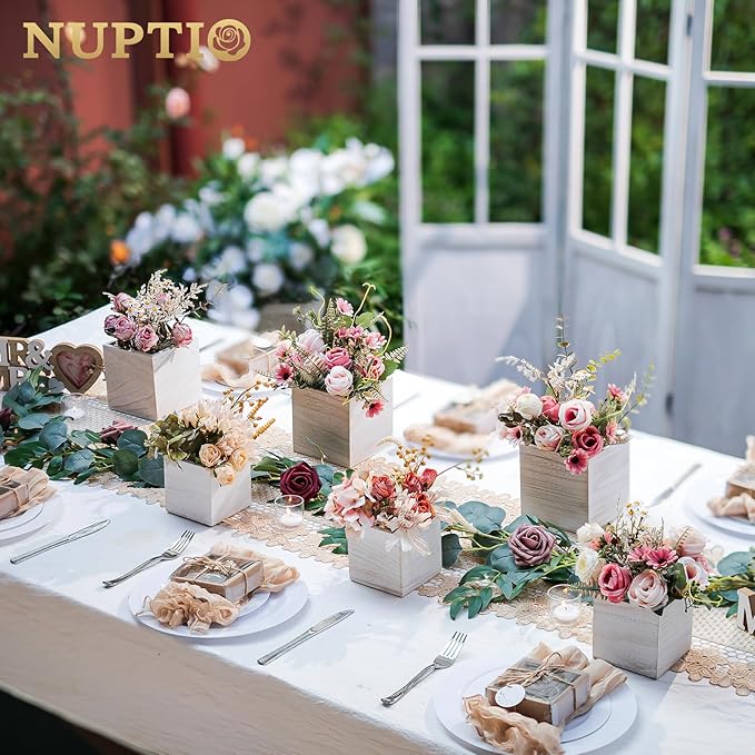 NUPTIO Wooden Box for Centerpiece Wedding: 6 Pcs Rustic Square Planter Box FarmhouseTable Fall Decor - 4×4" & 5×5" Whitewashed Small Wood Vases Flower Pots for Windowsill Home Garden