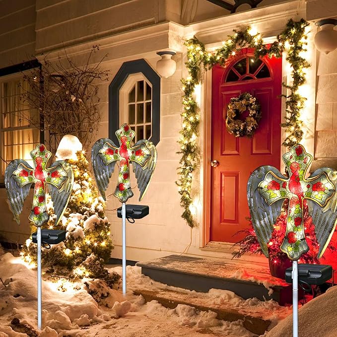 YJFWAL Cardinal Bird&Rose Cross Garden Stake Light, Solar Glass Cross for Cemetery Grave, Jesus Cross Angel Wings Sympathy Memorial Gifts, Halloween Christmas Garden Lawn Yard Patio Decor