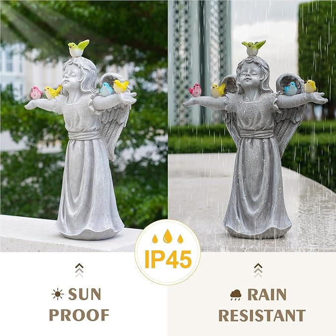 MININOVA Solar Angel Garden Statue with Birds Outdoor Solar Light Decorations Resin for Yard Patio Porch Balcony Housewarming Birthday Gifts for Women