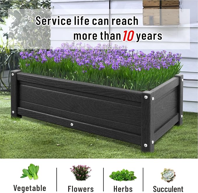 HDPE Raised Planter Box Outdoor,Rot-Resistant and Non-Cracking,Raised Beds for Gardening 29.5 * 14.4 * 9.8 in for Yard,Lawn,Outdoor Planter Boxes Rectangle with Drainage Holes Black