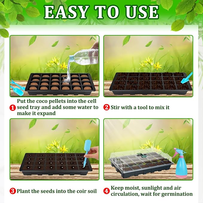 Halatool Seed Starter Kit, 2 Pack Seed Starter Trays with 50 Pcs Coco pellets and 2 Garden Tools & 100 Plant Labels, Greenhouse Indoor Seed Germination System for Herbs, Vegetables and Flowers (Black)