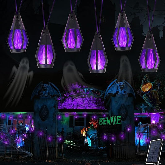 Solar Halloween Lights Outdoor, 13Ft Outdoor String Lights with 10 Flickering Flame Bulb, Waterproof Solar Powered Purple Halloween Lights LED Flame Lights for Halloween Decorations Yard Patio Garden