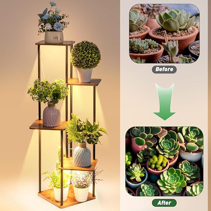 Dreyoo Plant Stand with Grow Light Indoor, 5 Tier 5 Potted Sturdy Metal Plant Shelf, Multiple Plant Holder Tall Plant Ladder for Display Plant Flower Corner Living Room Office (Black, Brown)